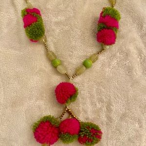 Bohemian chic pink and green beaded pompom necklace